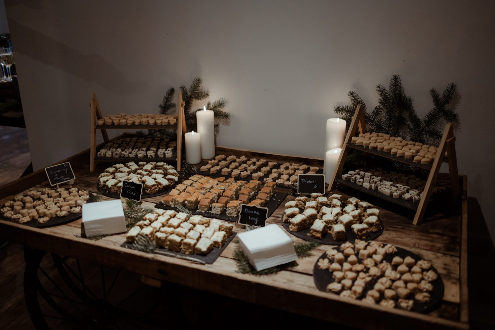 Rustic buffet set up with candles